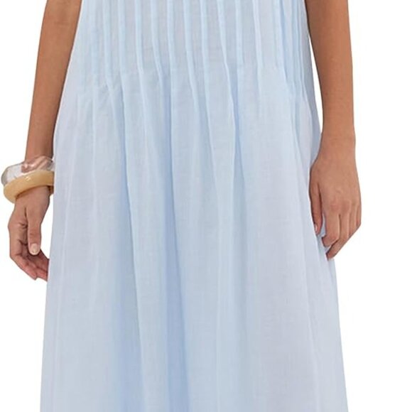 Women’s Cotton Pleated Maxi Dress V Neck Spaghetti Strap Beach Vacation - Picture 1 of 7